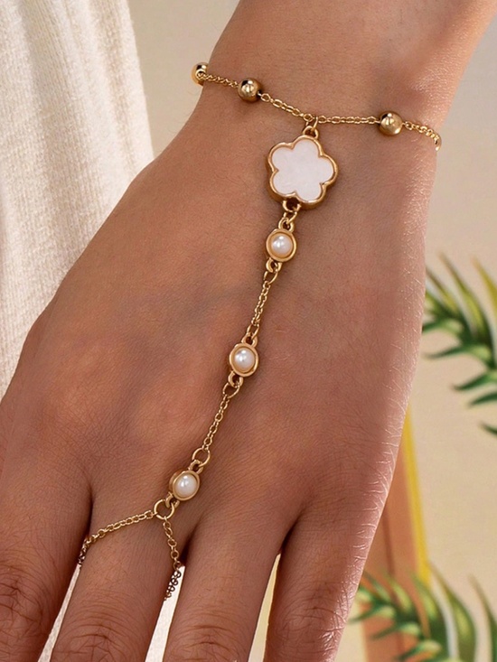 Jewelry - Gold Tone Faux Pearl Flower Ring Chain Bracelet
